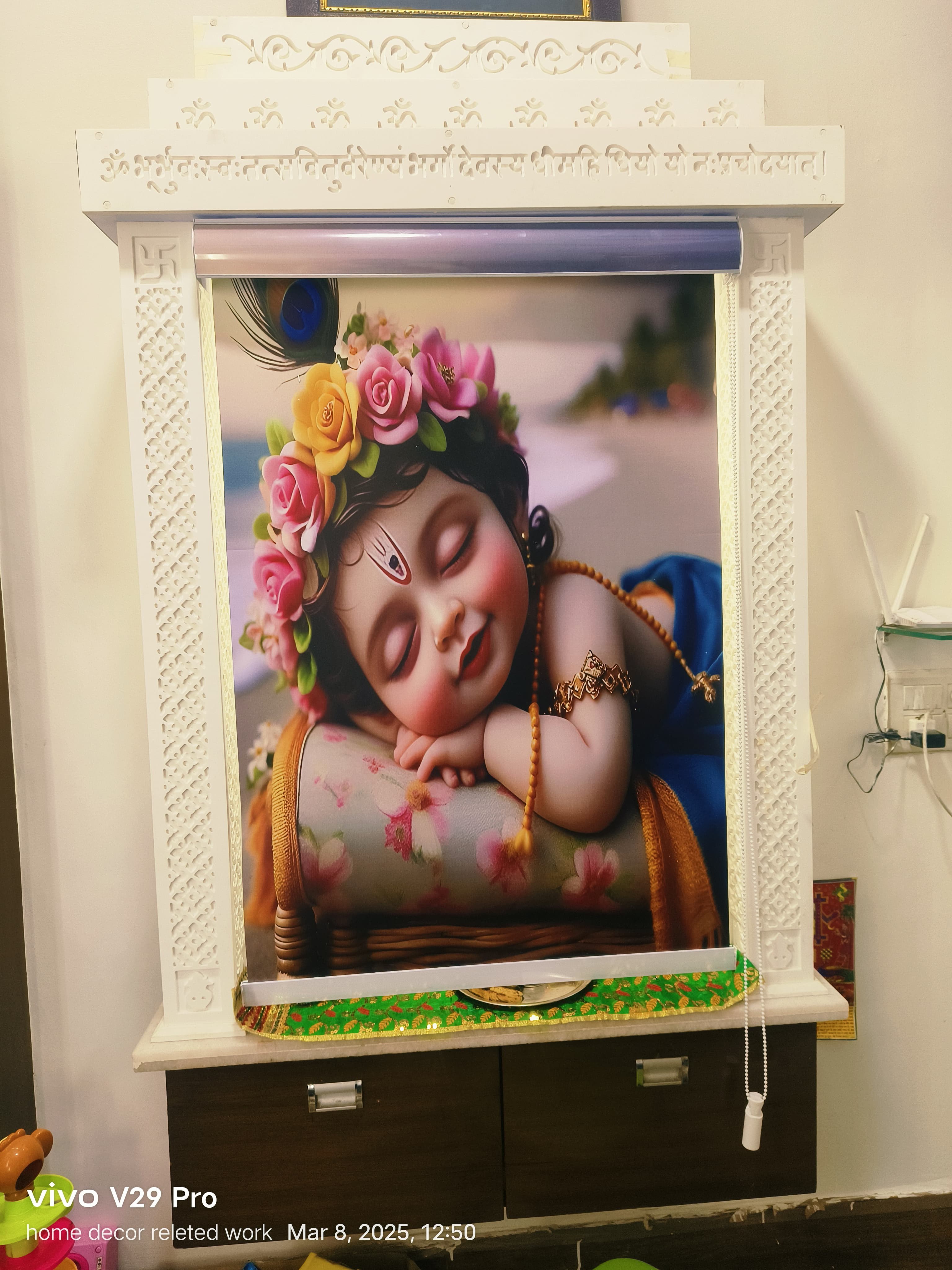 Printed Krishna roller blind in pooja room